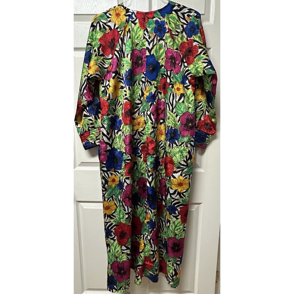 Winlair Sz L MUUMUU Bright Multicolor Neon Maxi Dress Caftan w/ Pockets 1/4 Zip - Picture 6 of 6